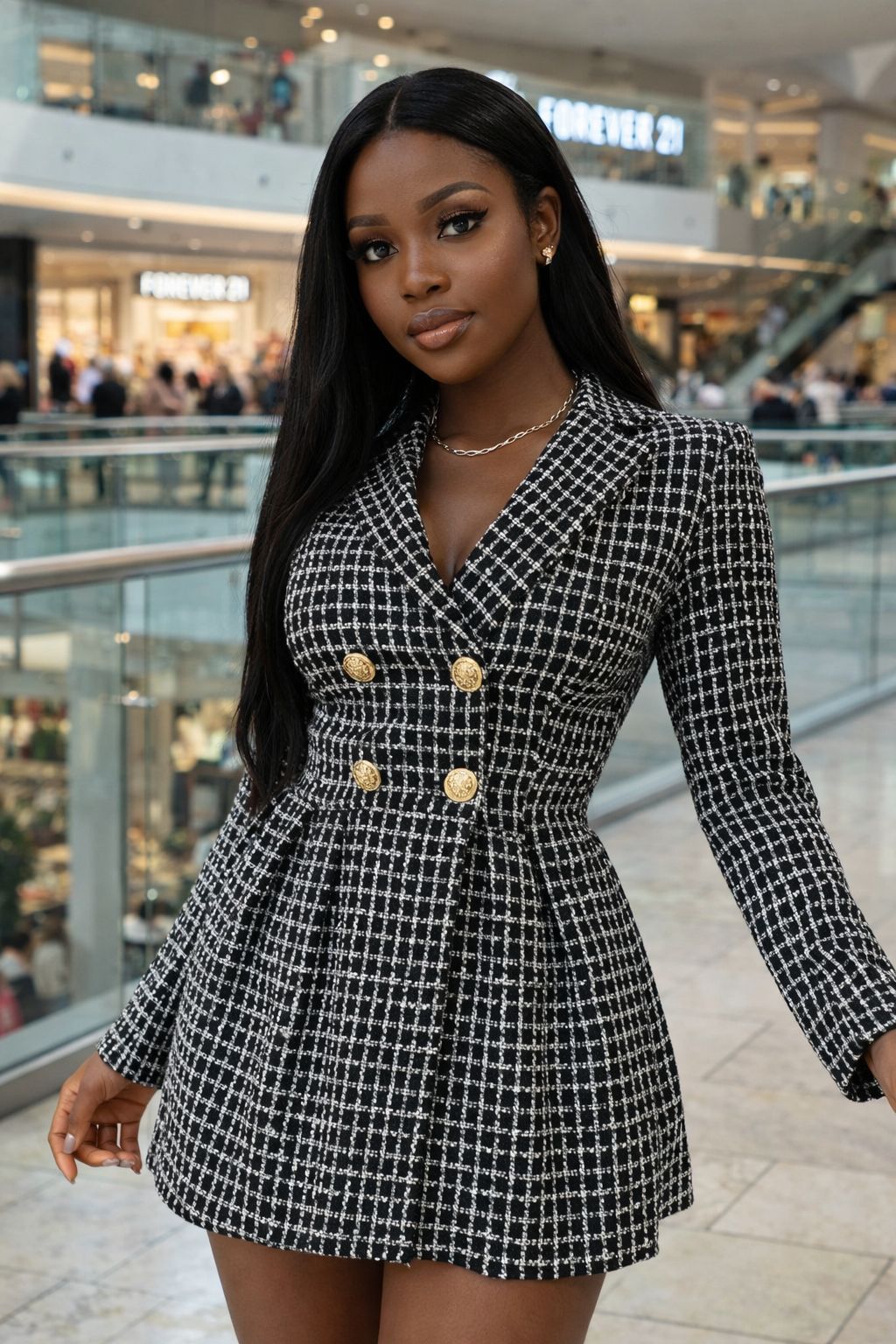 Black & White Tweed Double-Breasted Blazer Dress – Eva Clothing