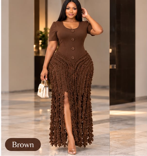 Textured Button-Front Ruched Maxi Dress
