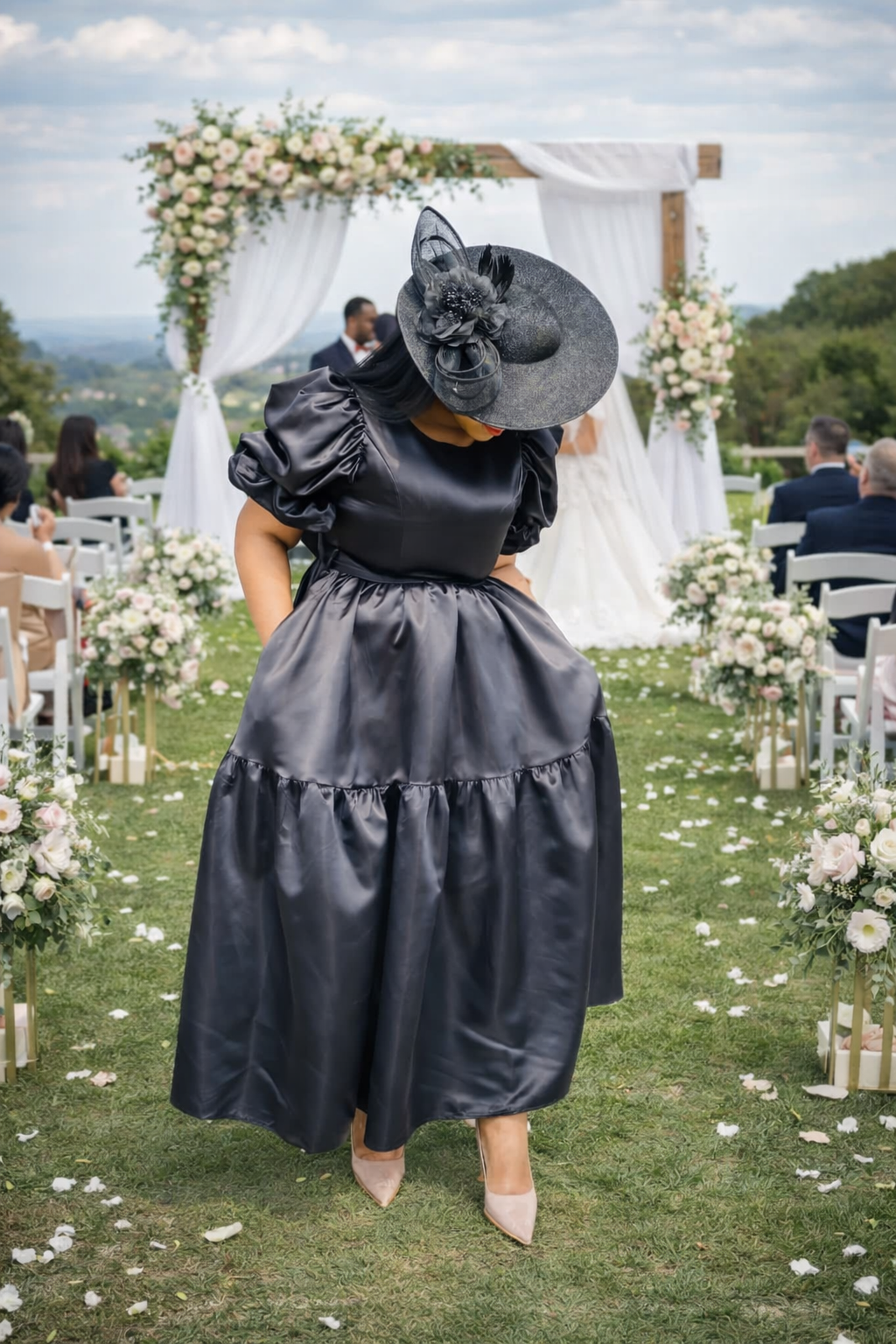 Midnight Elegance Puff Sleeve Satin Dress