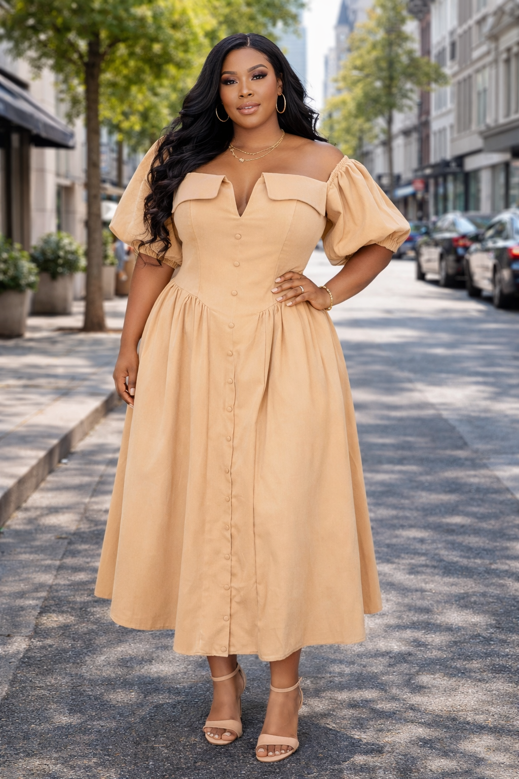 Golden Grace Puff Sleeve Dress