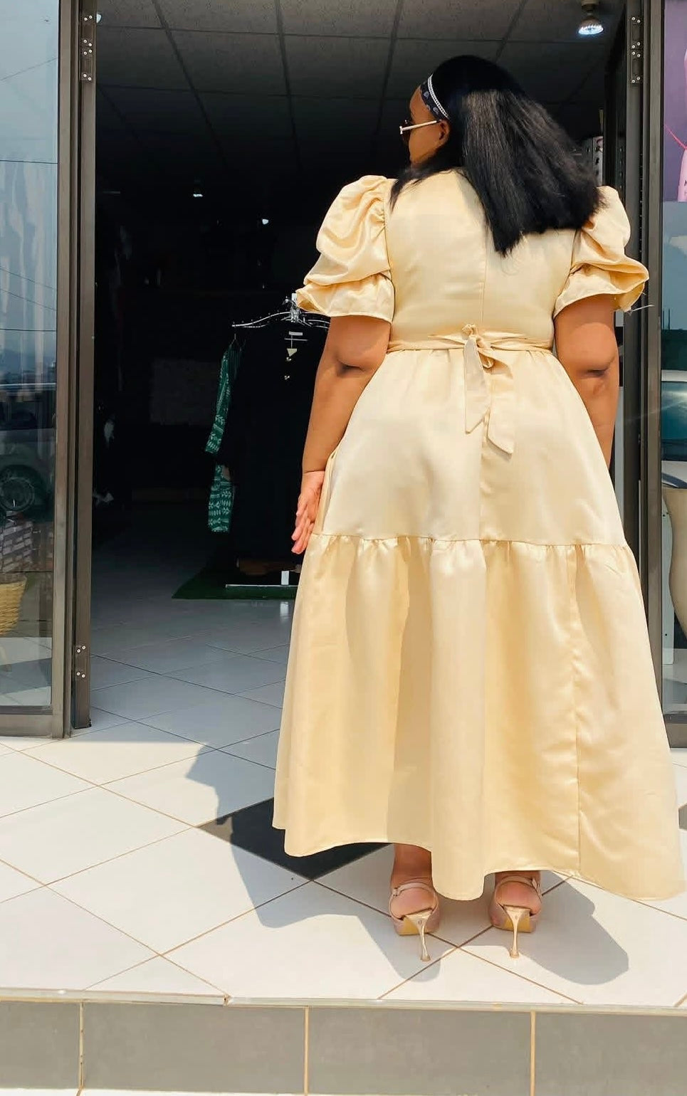Midnight Elegance Puff Sleeve Satin Dress