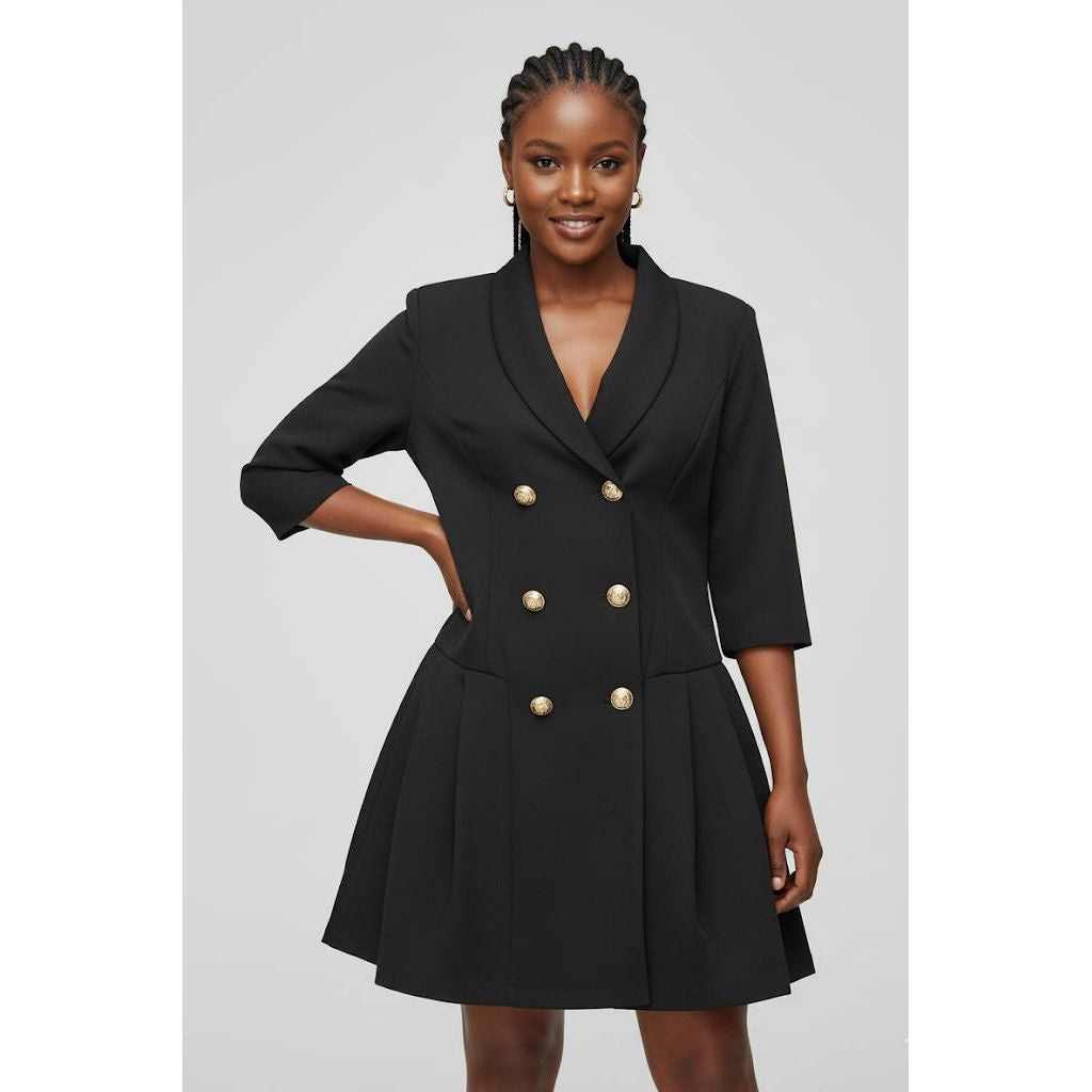 Solid Color Double-Breasted Blazer Dress