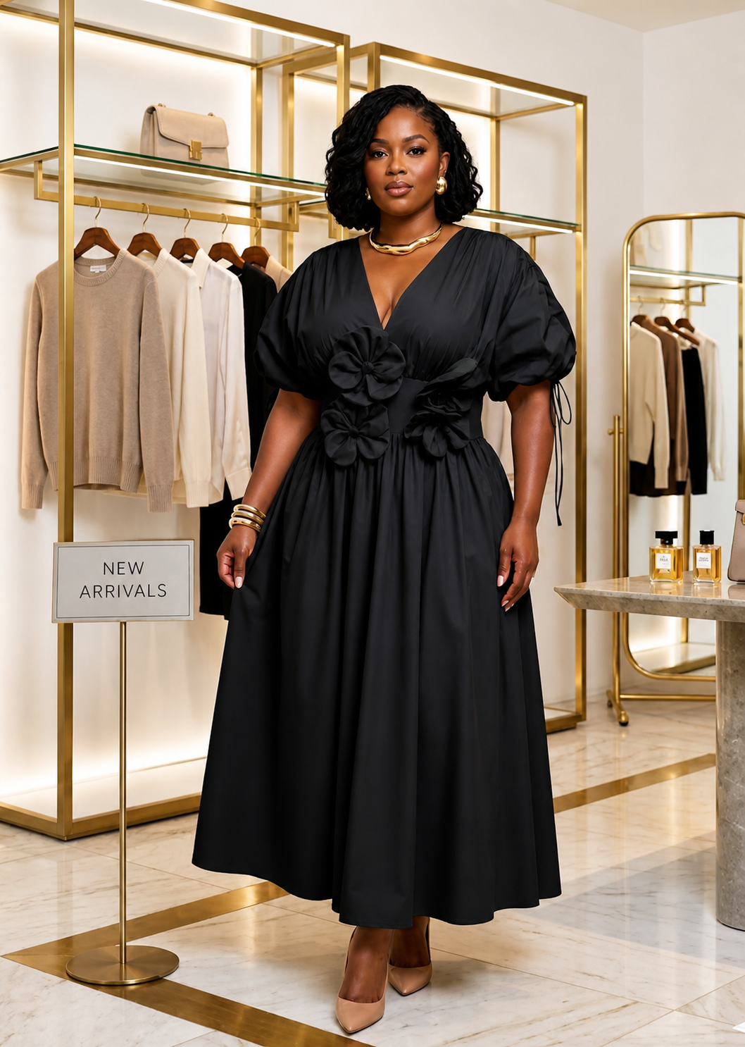 Midnight Bloom Puff Sleeve Midi Dress