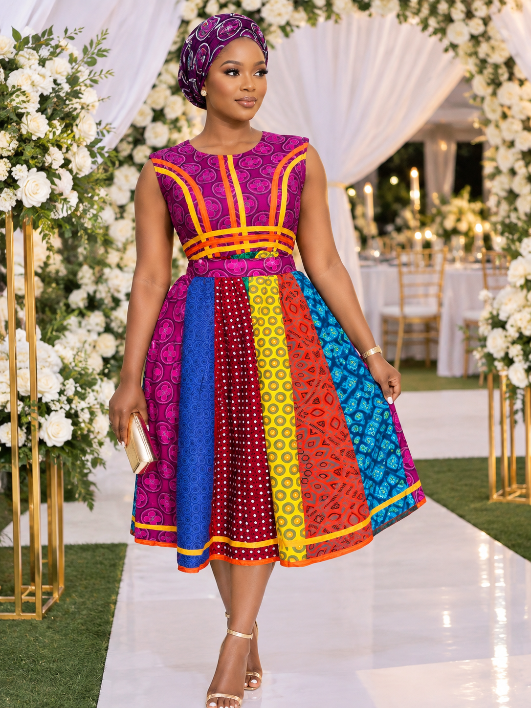 Colourful African Print Patchwork Midi Dress