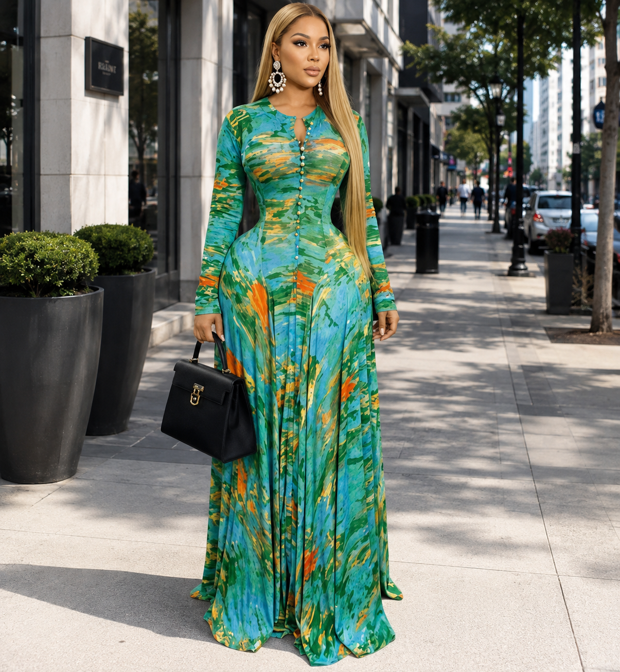 Abstract Print Button-Front Maxi Dress