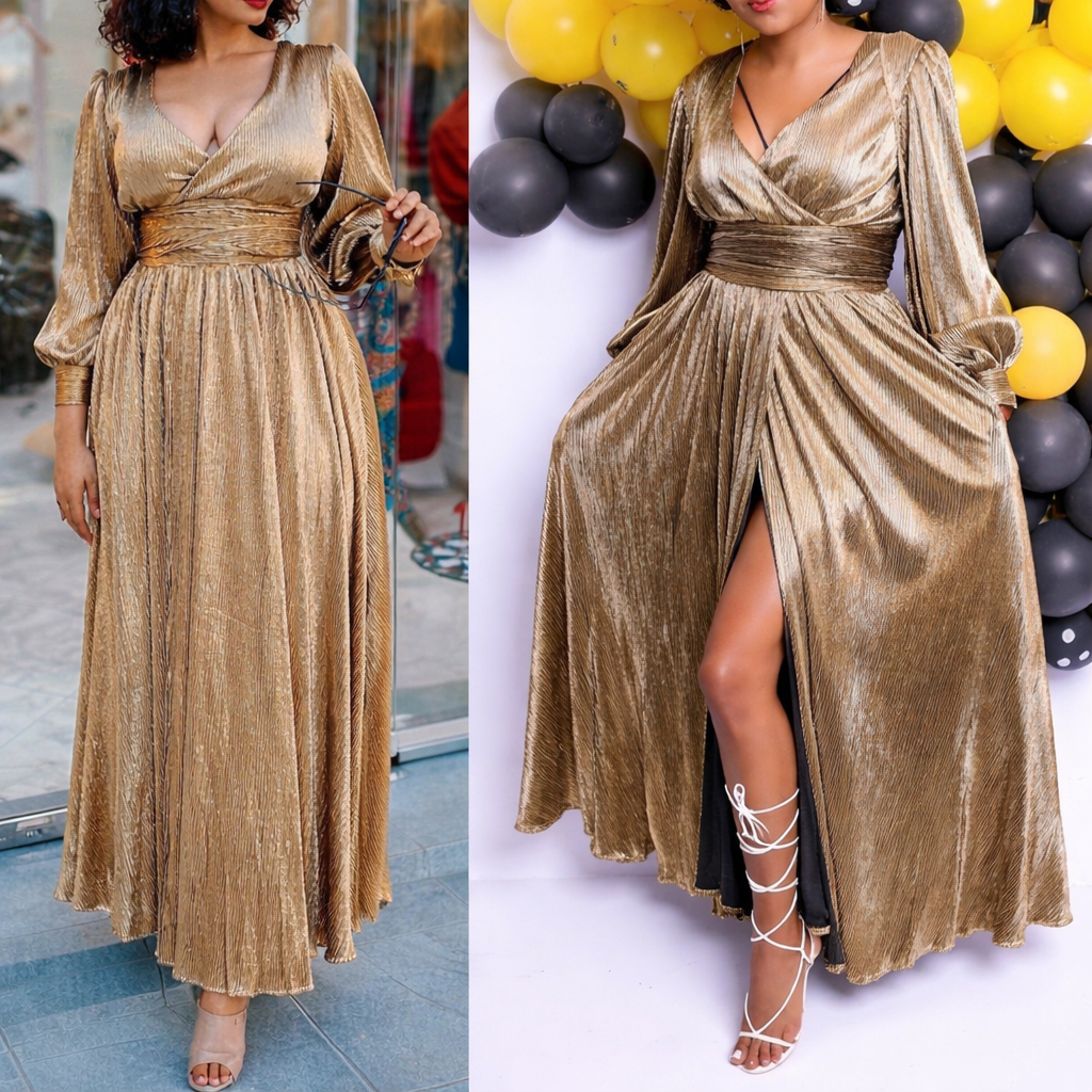 Lantern Sleeve Tali Golden Dress
