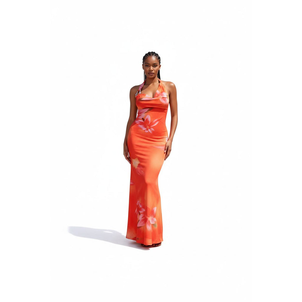 Vibrant Orange Floral-Print Maxi Dress