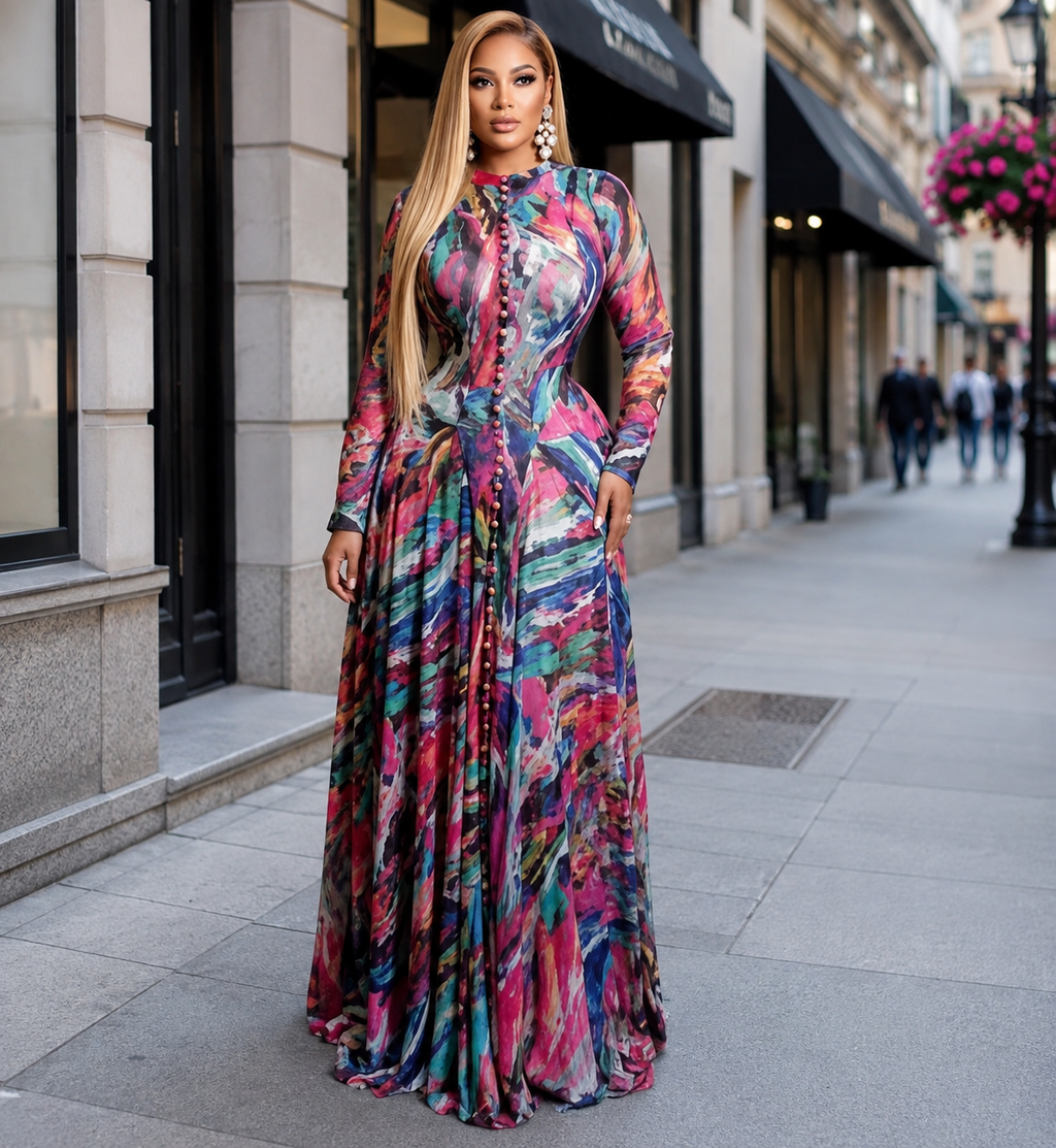 Abstract Print Button-Front Maxi Dress