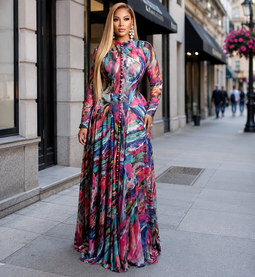 Abstract Print Button-Front Maxi Dress
