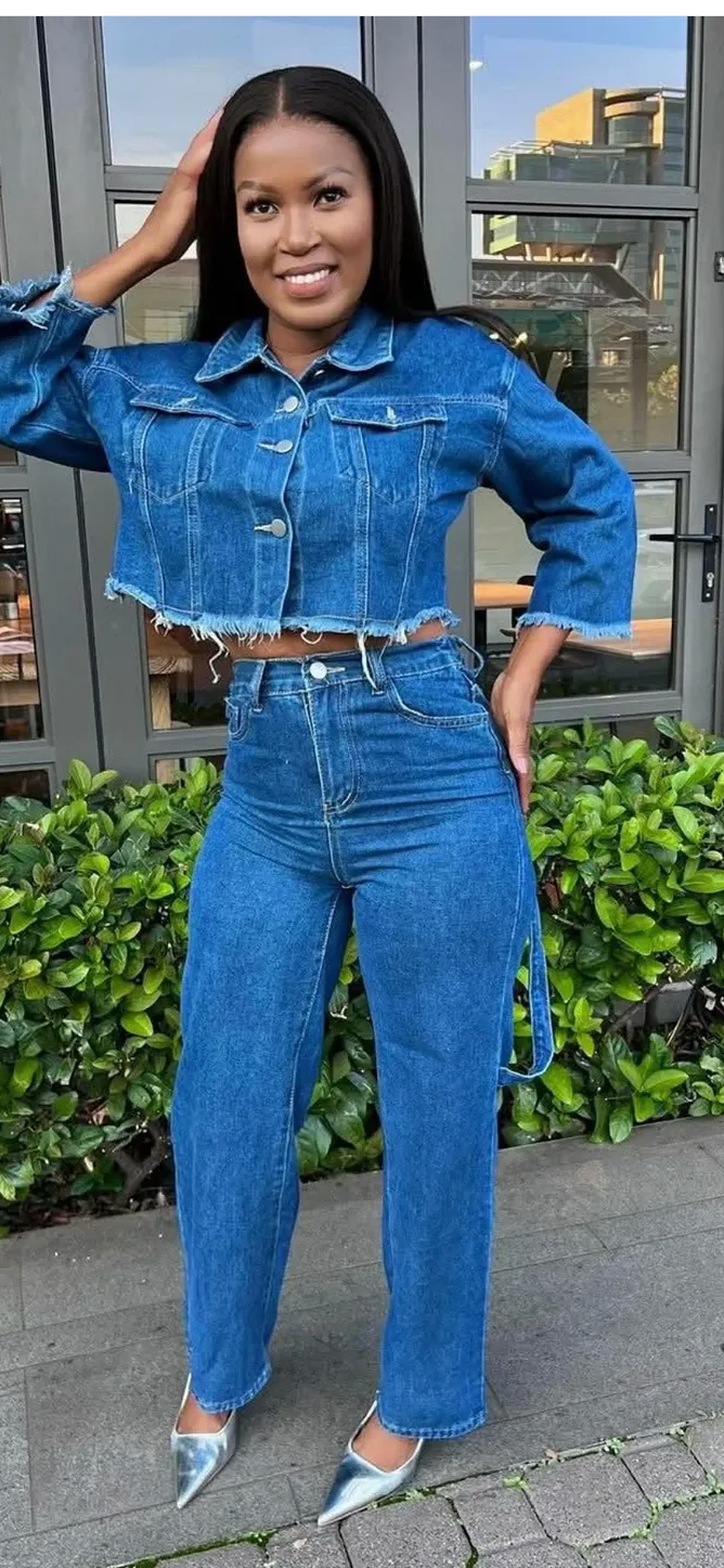 High-Waisted Denim Pants & Stitch Detail Top 2-Piece Set