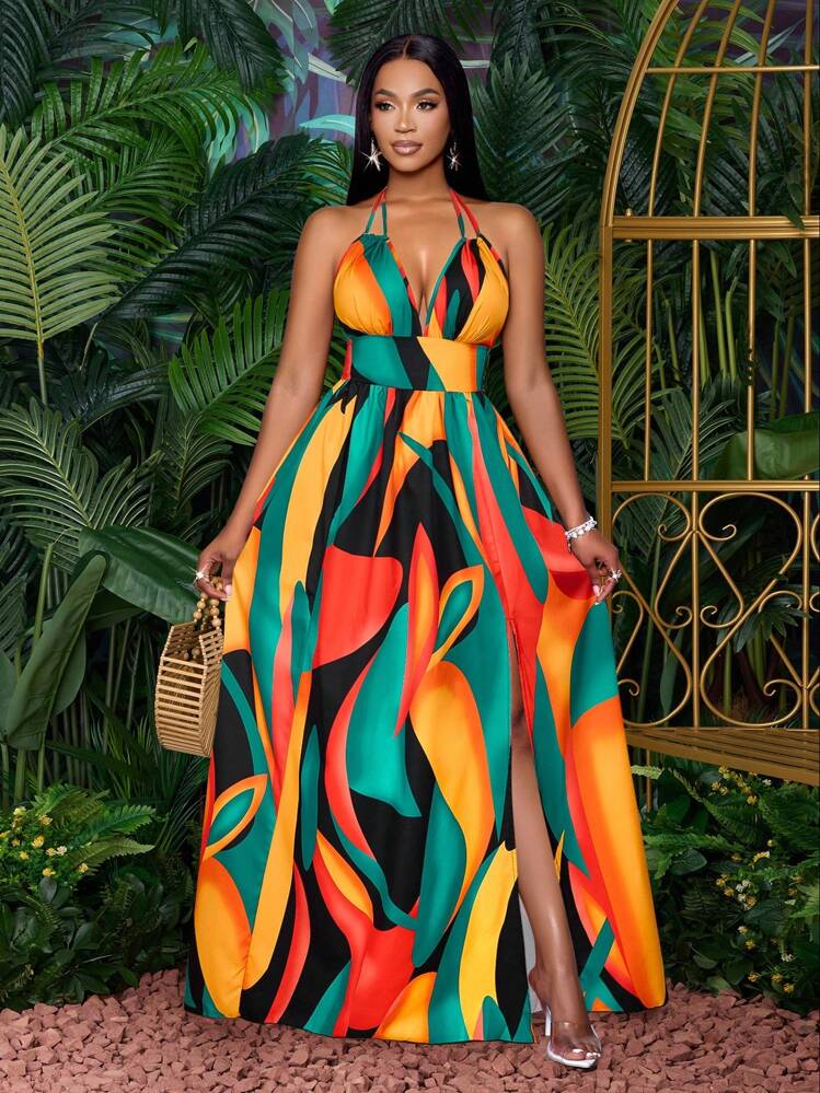 Halter Neck Abstract Geo Print Maxi Dress
