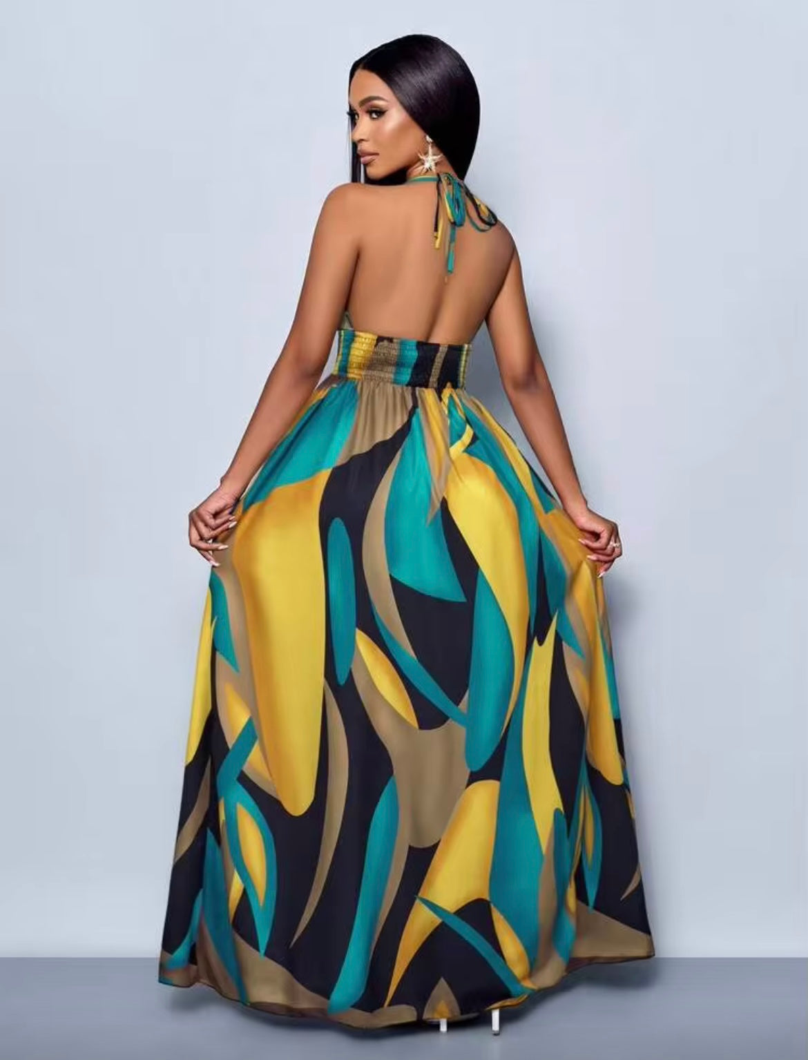Halter Neck Abstract Geo Print Maxi Dress