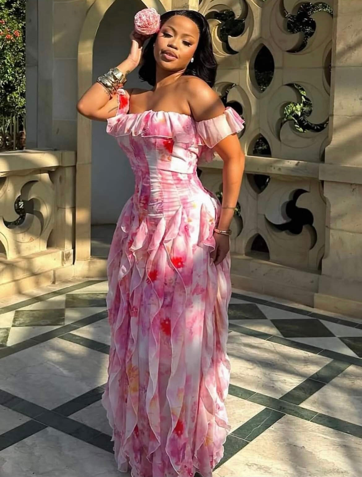 Casual Vacation-Style Strappy Floral Ruffle Maxi