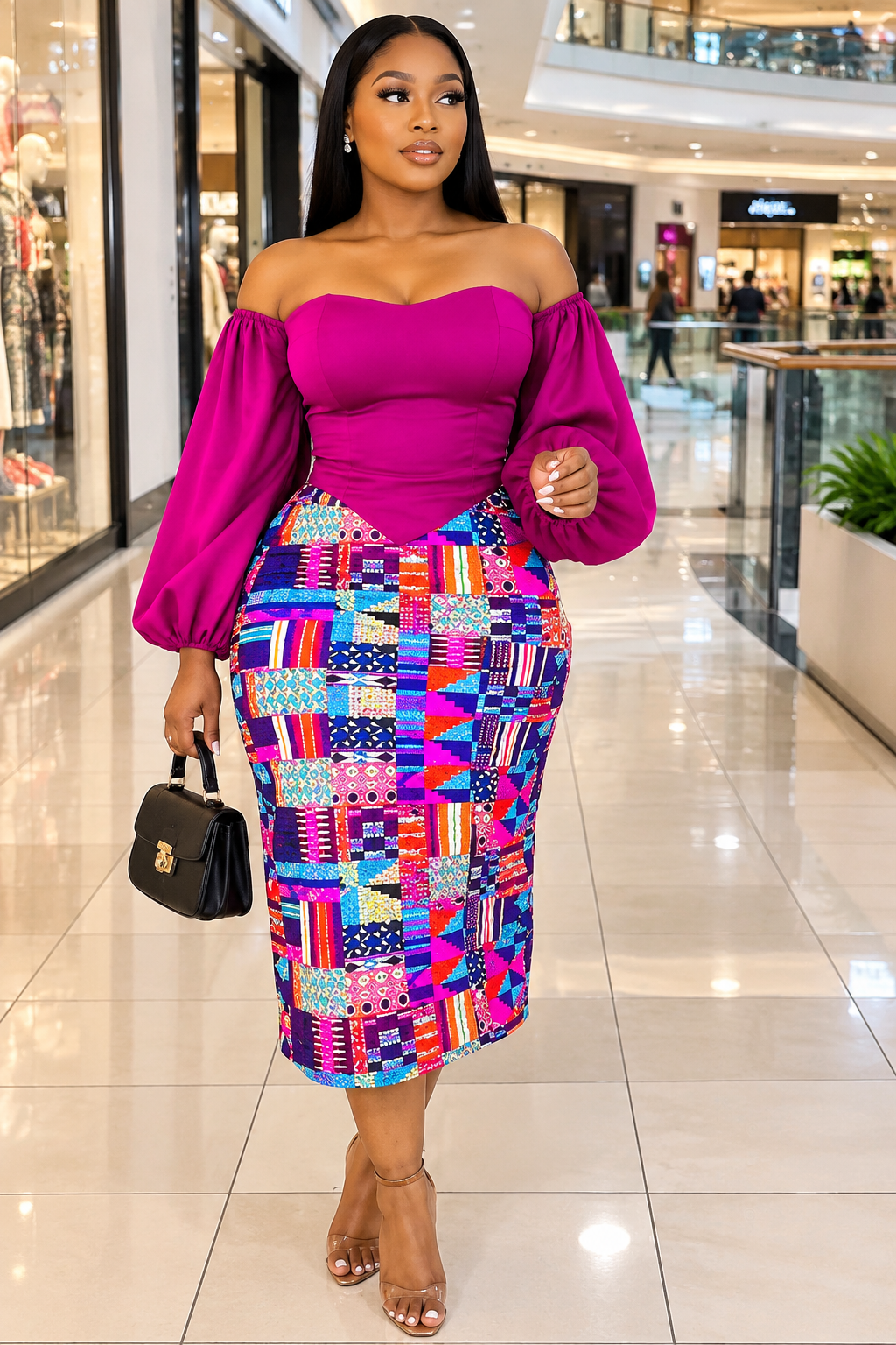 Sleeve Top & African Print Pencil Skirtset