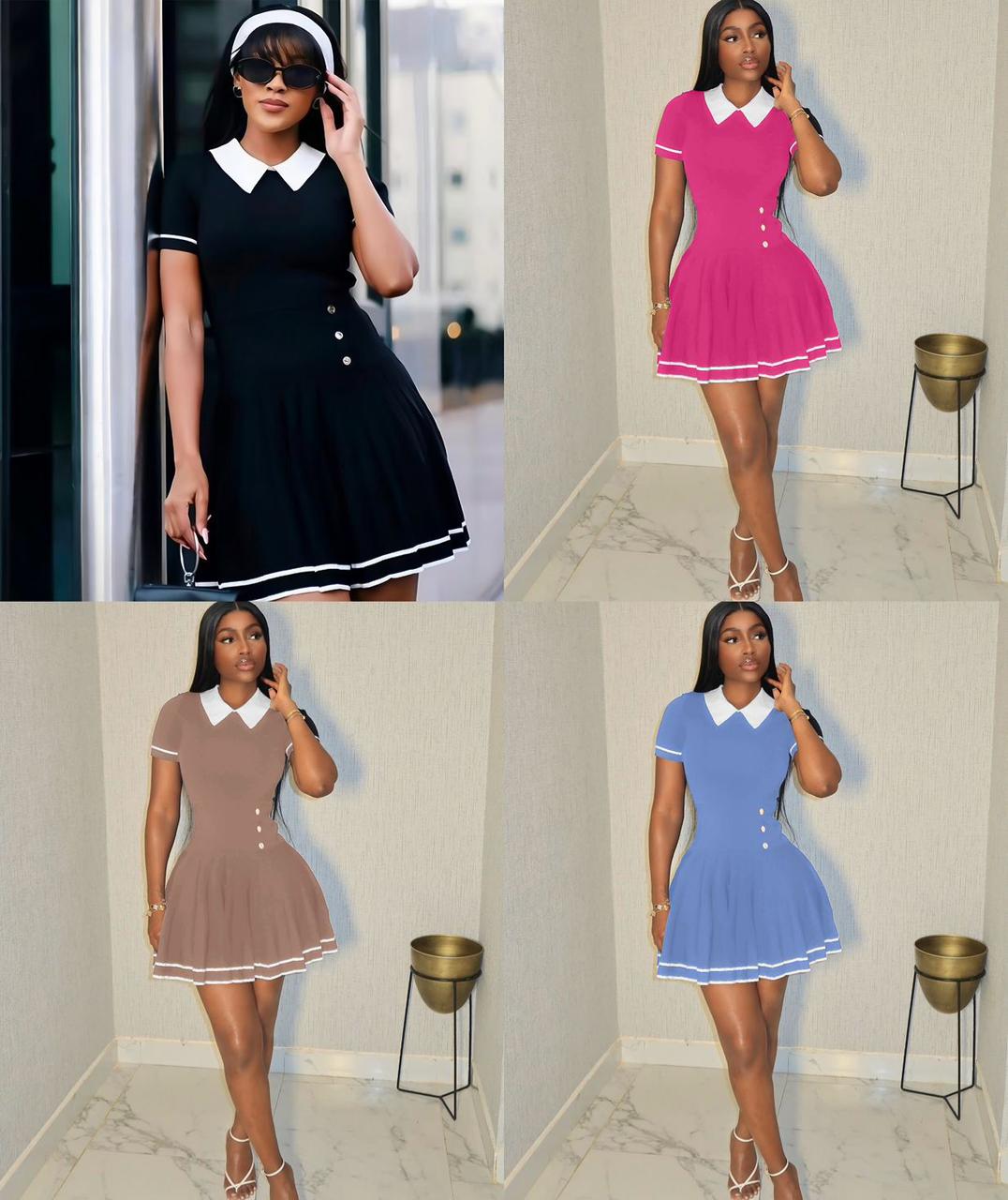 Collared Constasting Pleated Knitted Mini Dress