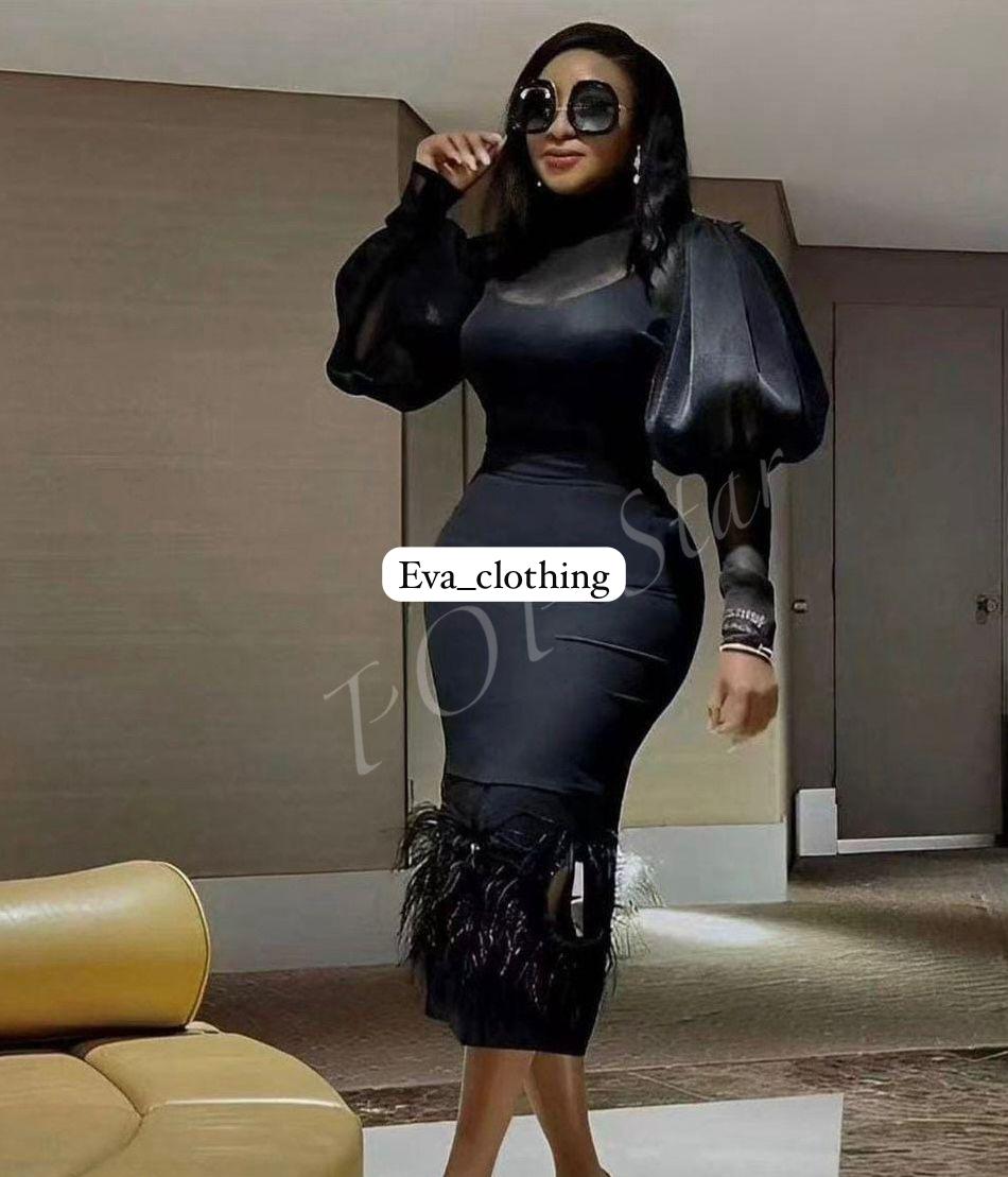 Puff Sleeve Feather Patchwork Dress