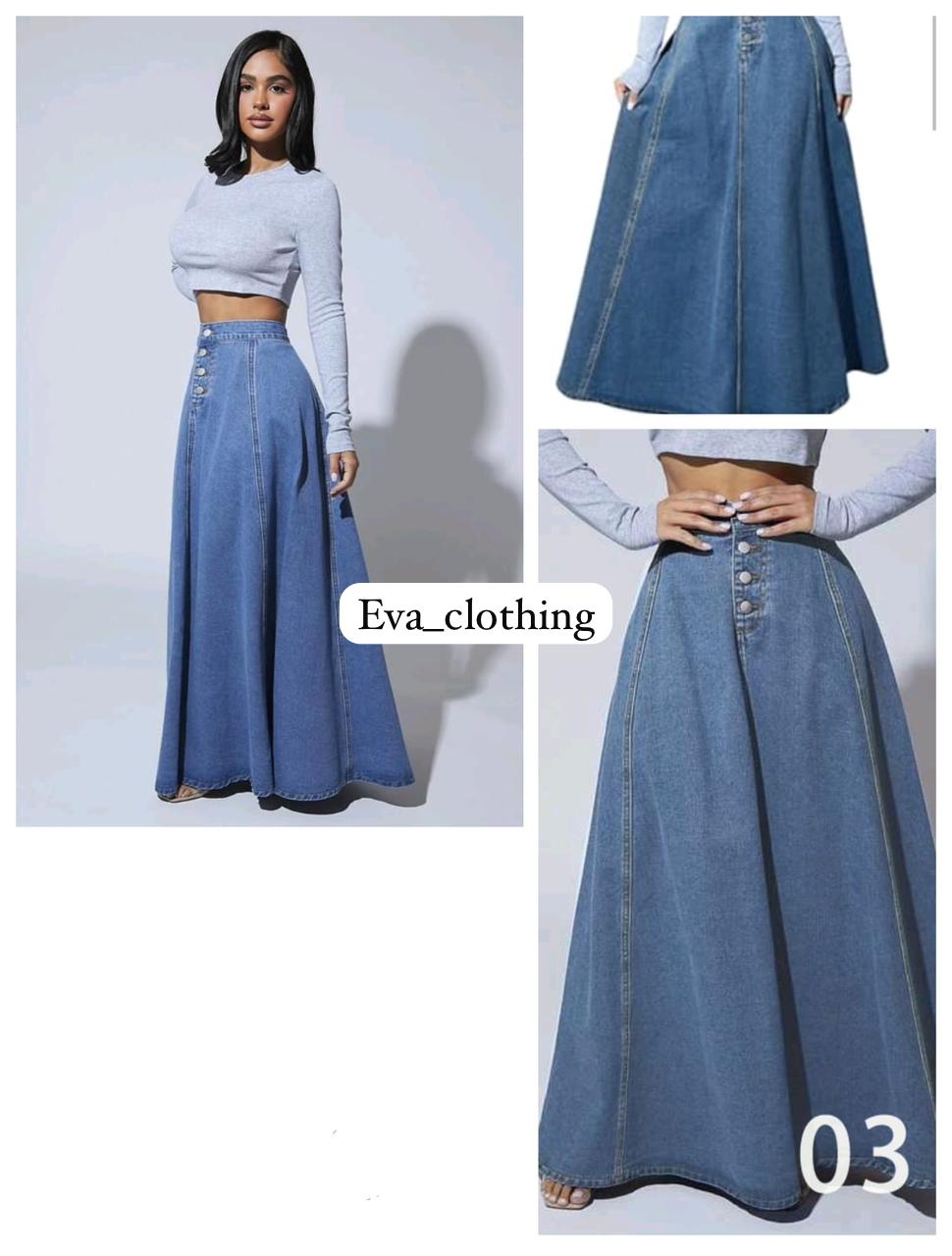 High Waist Fly Flare Hem Demin Skirt