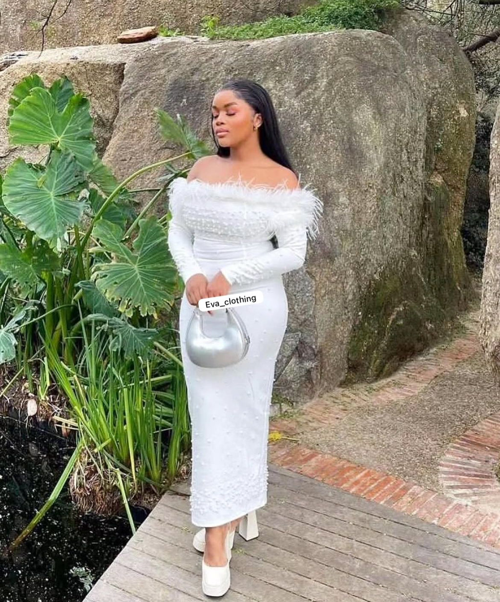 Feather Off Shoulder Beaded Detailed Dress.