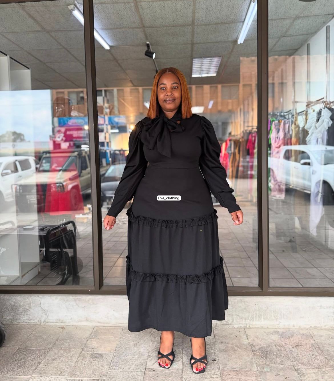Ribbon Design Round Neck Puff Shoulder Pleat Midi Dress