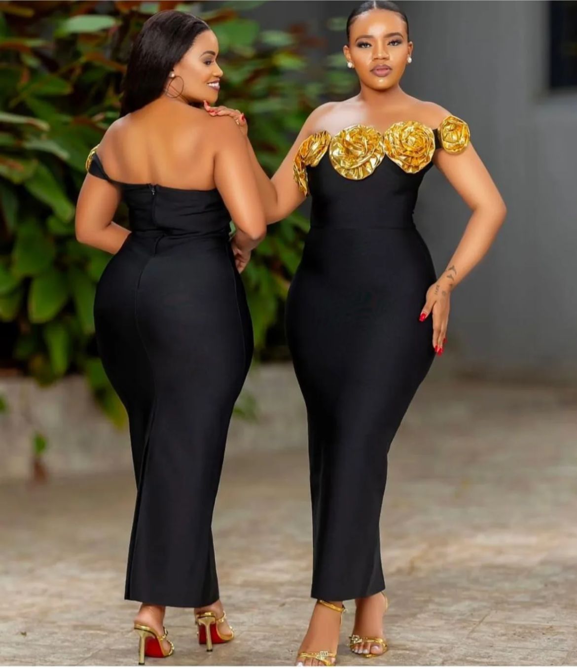 Black x Gold Insert Bandage  Midi Dress