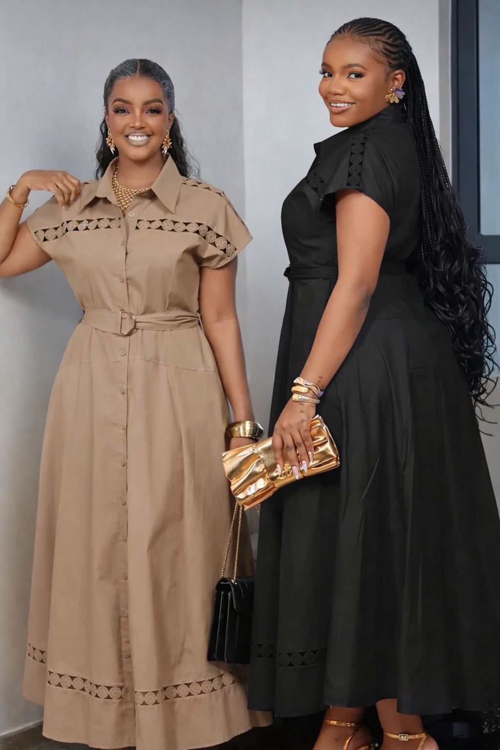 Classic Cut-Out Belted Shirt Maxi Dress