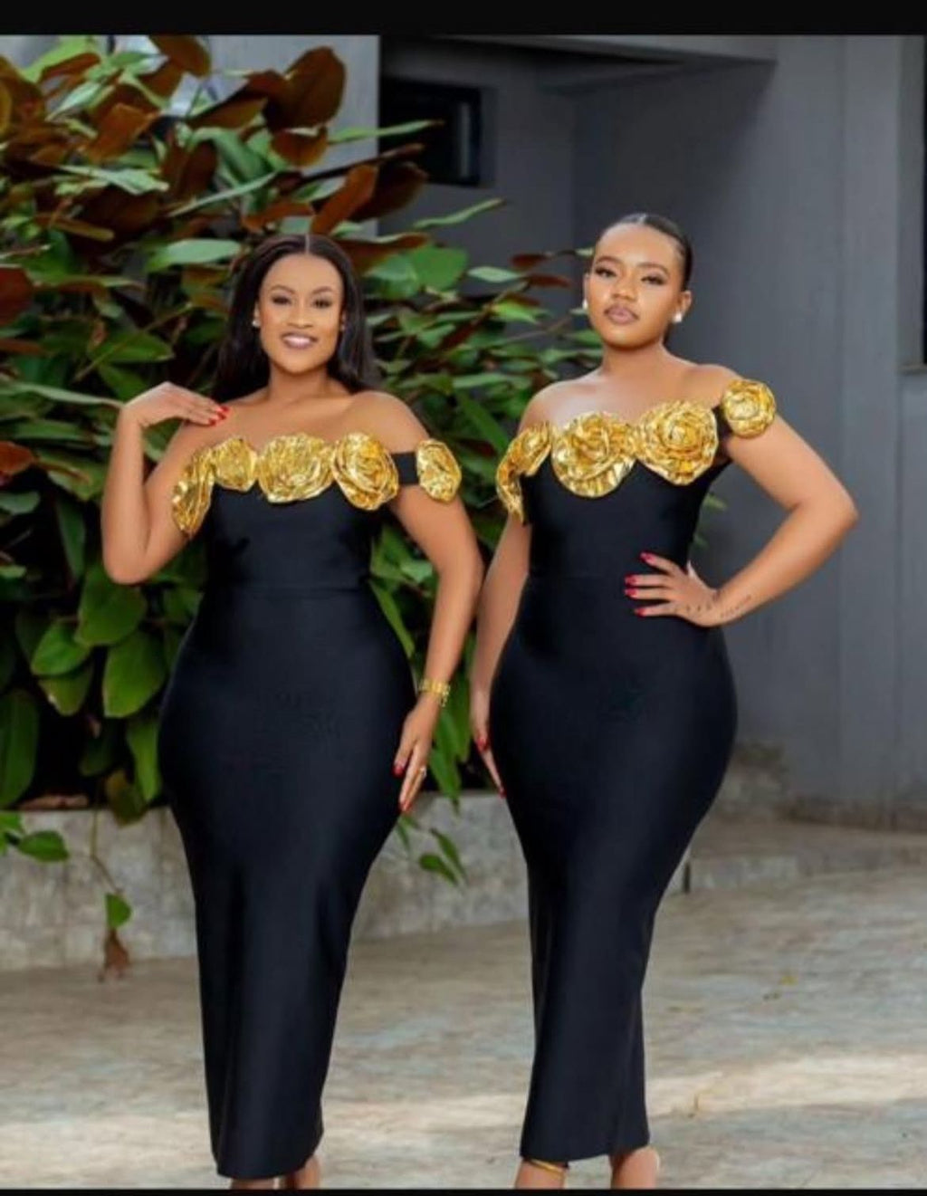Black x Gold Insert Bandage  Midi Dress